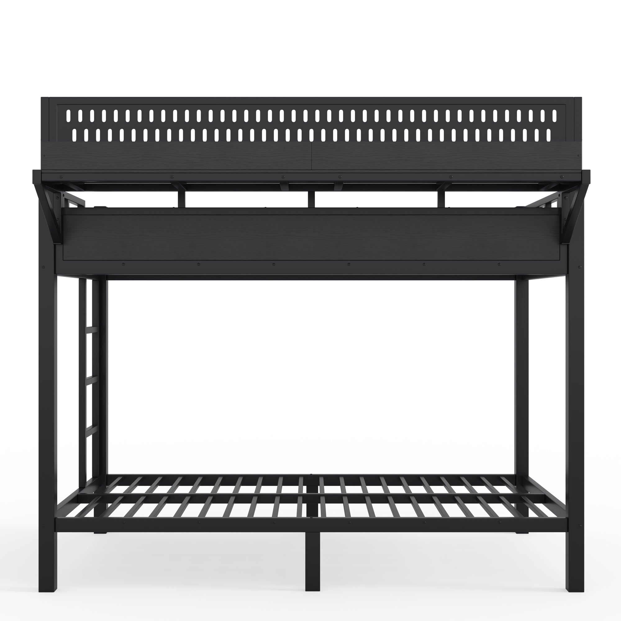 Twin XL Metal Bunk Bed with Storage Shelves, Pegboard, USB Ports & LED Lights – Black - product detail image 9