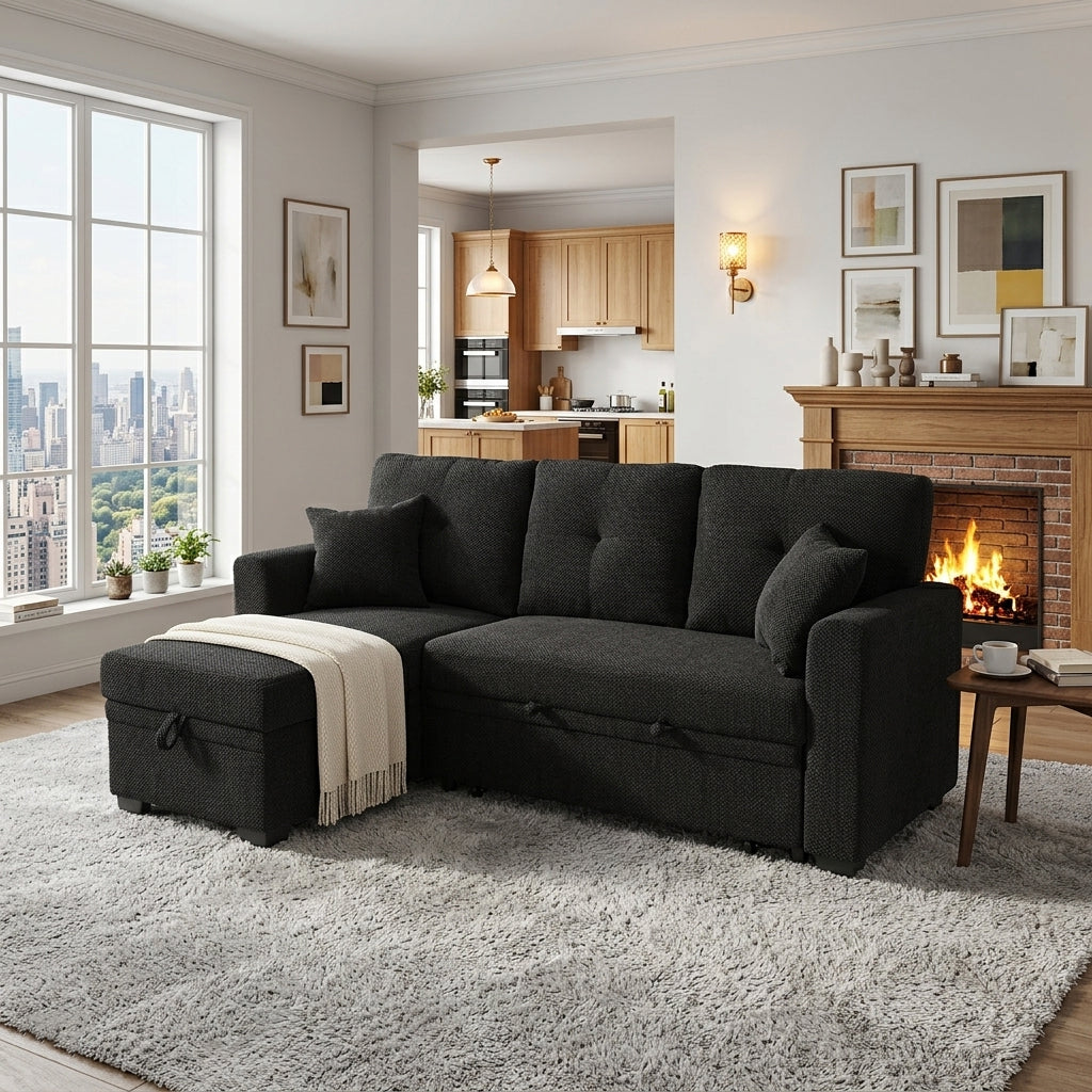 Black sleeper sofa with included matching throw pillows