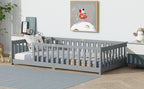 Twin Rubber Wood Floor Bed with Safety Guardrails, Grey