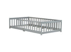 Twin Rubber Wood Floor Bed with Safety Guardrails, Grey