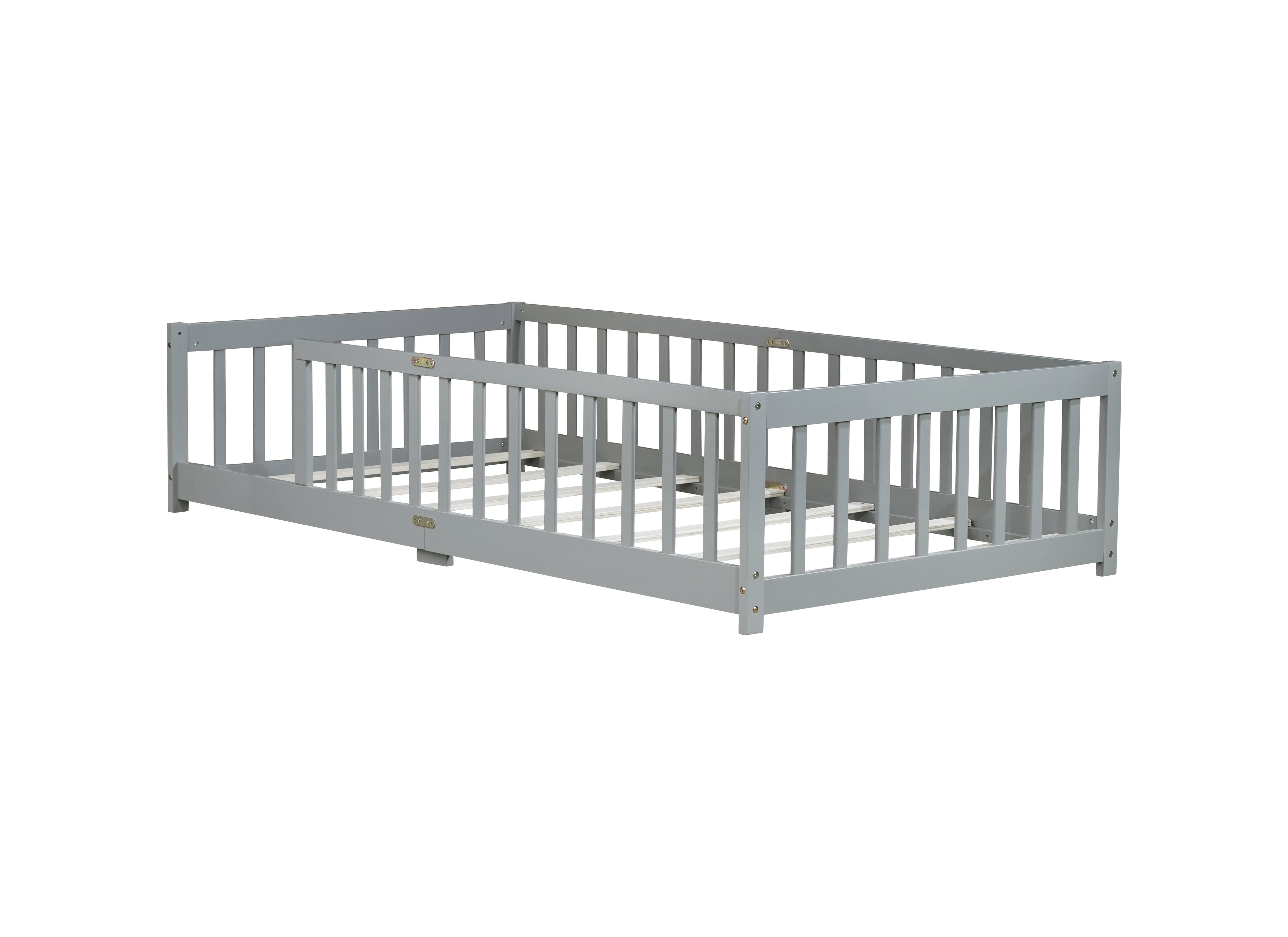 Twin Rubber Wood Floor Bed with Safety Guardrails, Grey