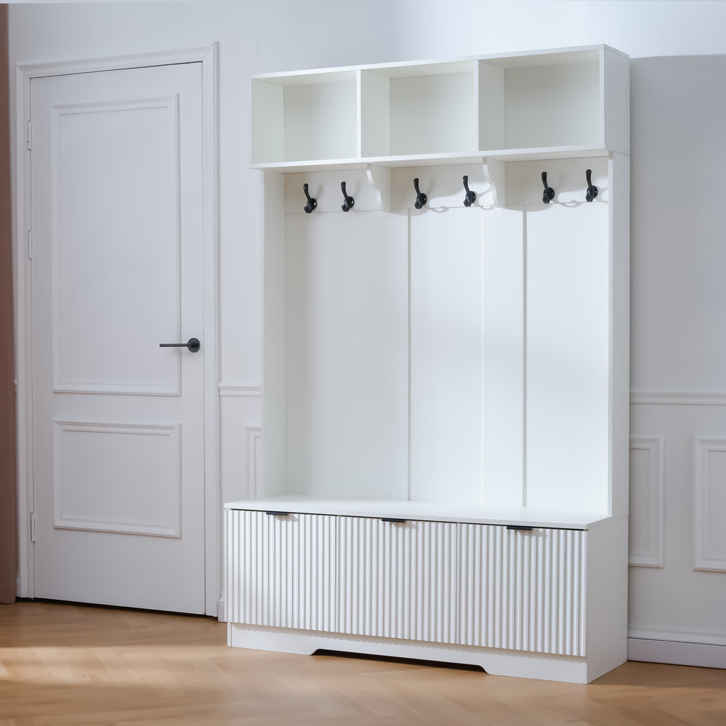 5-in-1 Hall Tree with Bench, Shoe Storage & Open Cabinets – White Modern Entryway Organizer