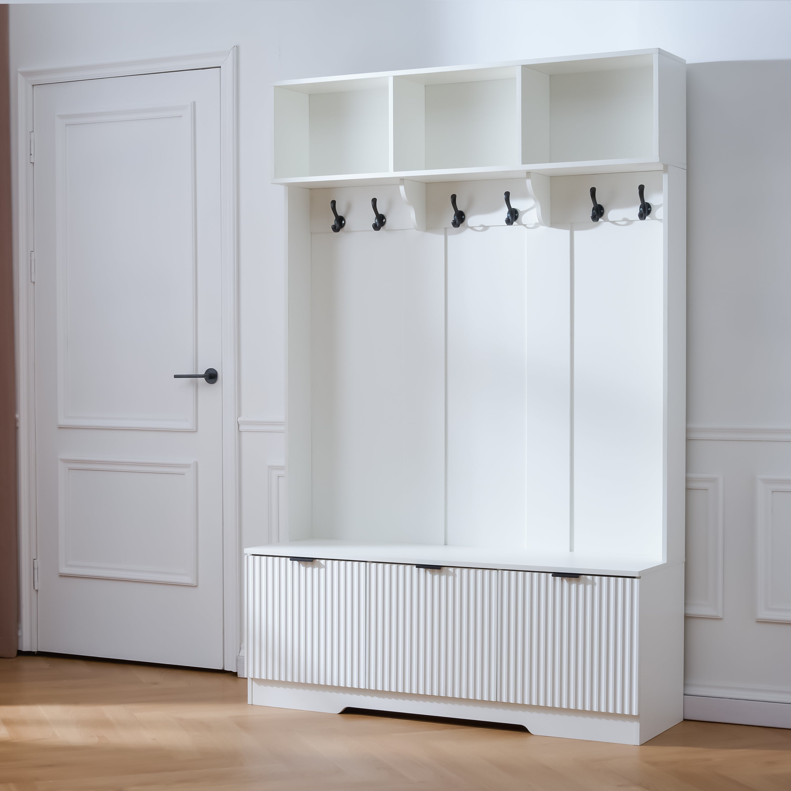 5-in-1 Hall Tree with Bench, Shoe Storage & Open Cabinets – White Modern Entryway Organizer